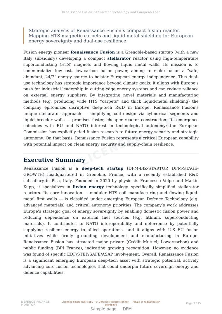 Sample page from “Renaissance Fusion: Stellarator Technology and European Energy Autonomy Analysis” — 16-page report