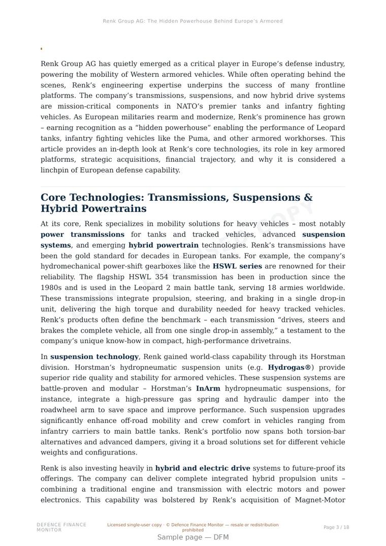 Sample page from “Renk Group AG: The Hidden Powerhouse Behind Europe’s Armored Forces” — 19-page report