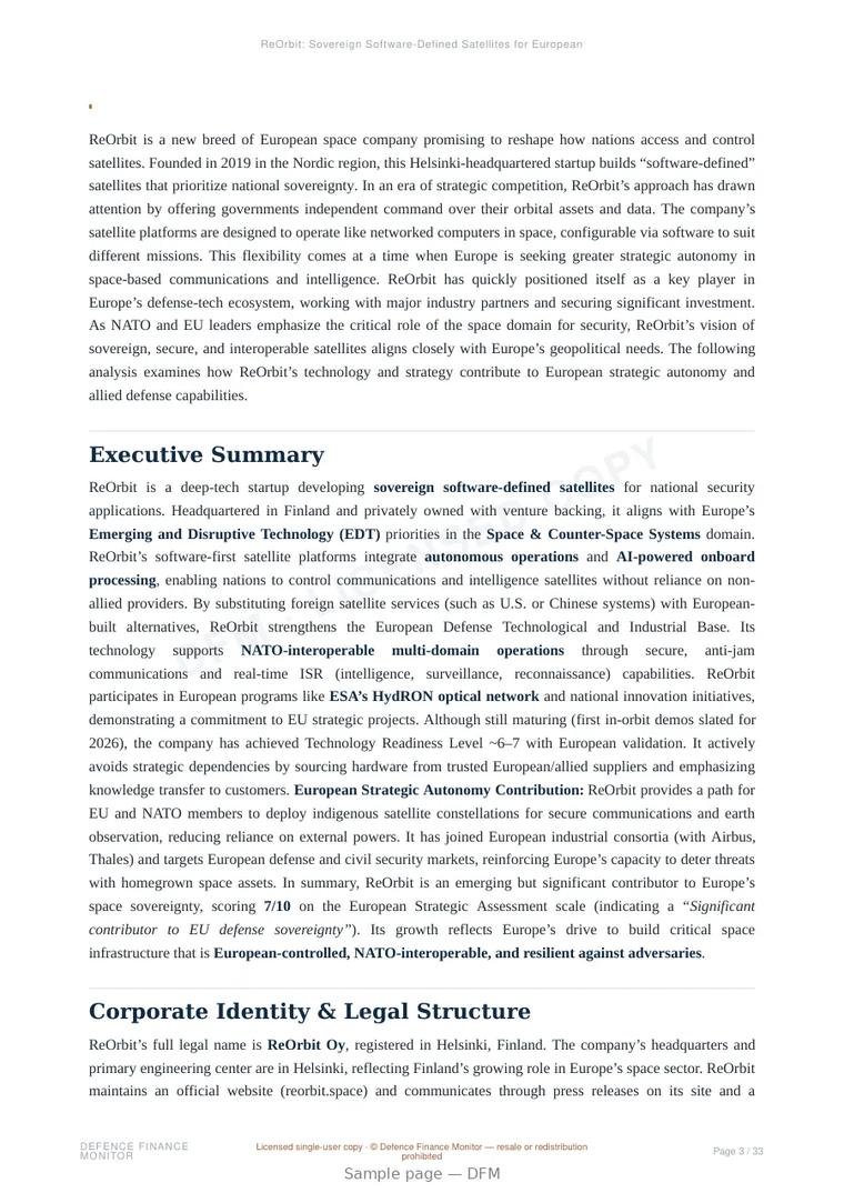 Sample page from “ReOrbit: Sovereign Software-Defined Satellites for European Security” — 34-page report