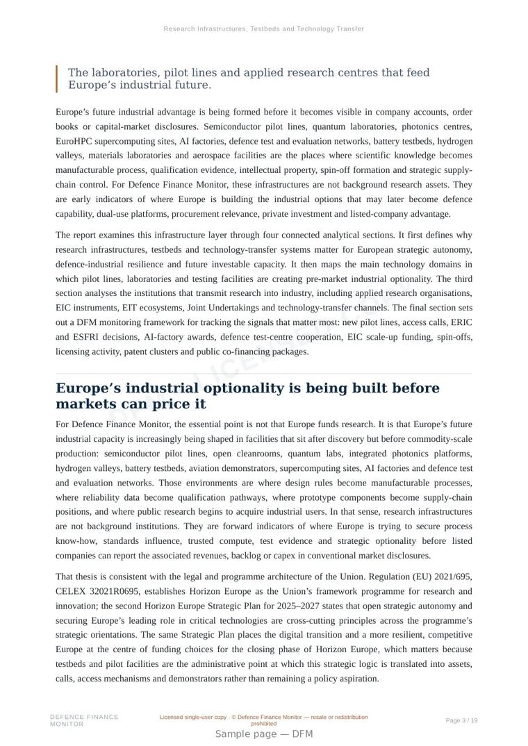 Sample page from “Research Infrastructures, Testbeds and Technology Transfer” — 20-page report