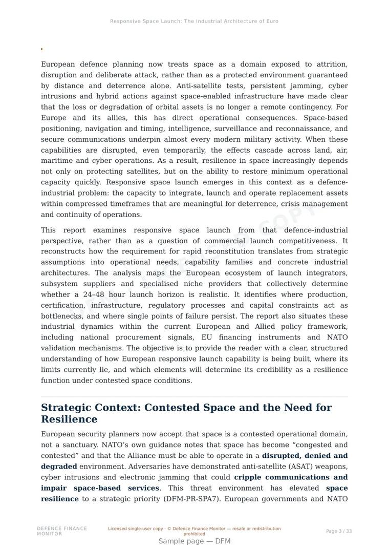 Sample page from “Responsive Space Launch: The Industrial Architecture of European Space Resilience” — 34-page report