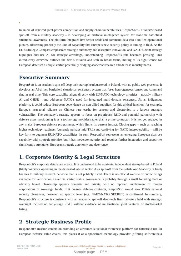 Sample page from “ResponSoft – AI Situational Awareness Platform (Warsaw Military Academy Spin-Off)” — 12-page report