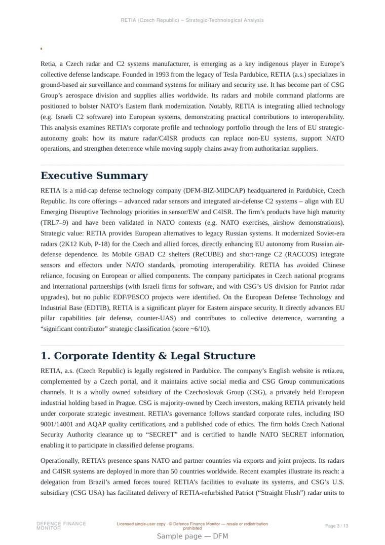 Sample page from “RETIA a.s. — Czech Republic radar systems company” — 14-page report