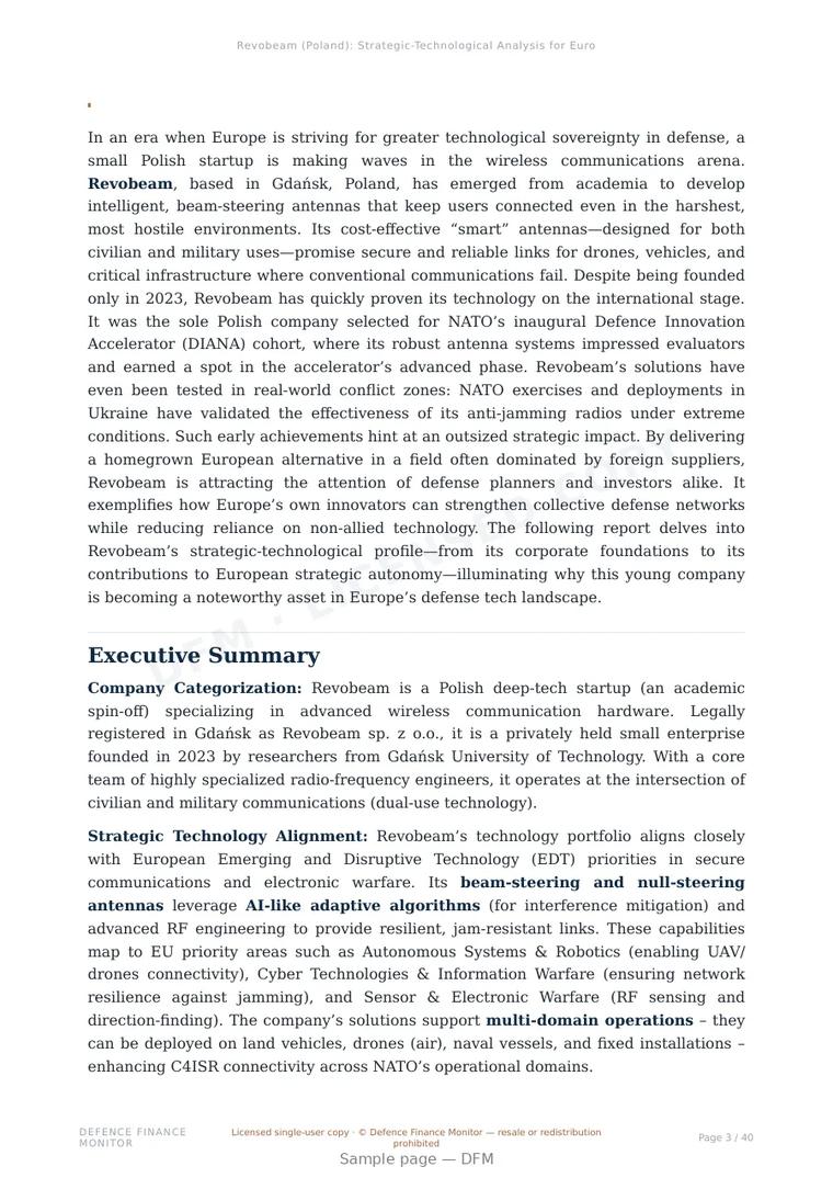 Sample page from “Revobeam — Poland secure communications company” — 41-page report