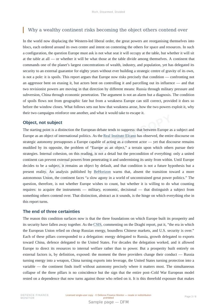 Sample page from “Rich, Disarmed, Divided” — 9-page report