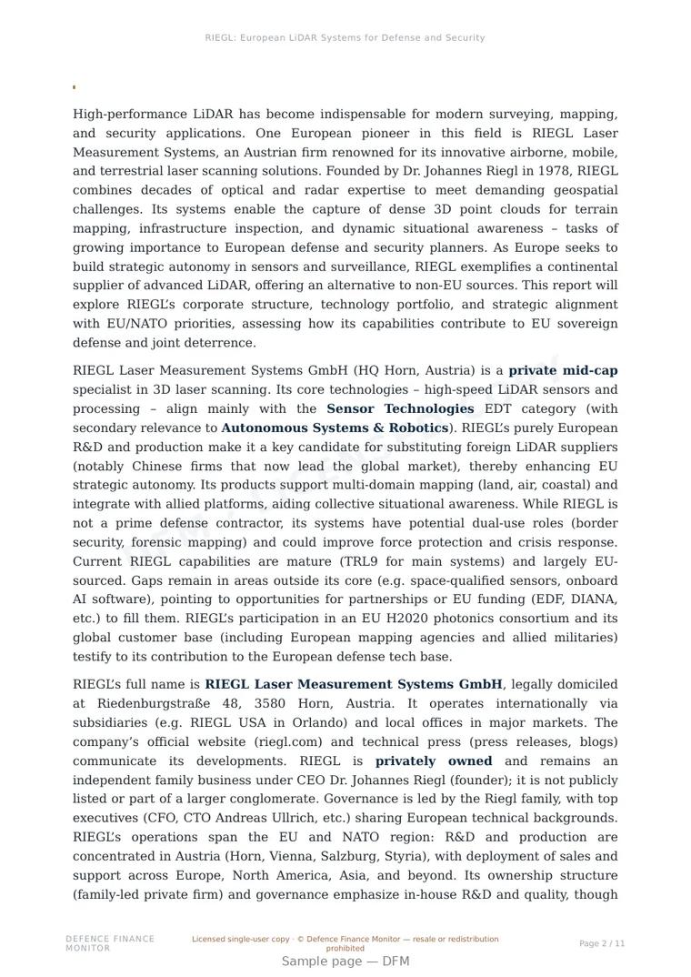 Sample page from “RIEGL: European LiDAR Systems for Defense and Security” — 12-page report