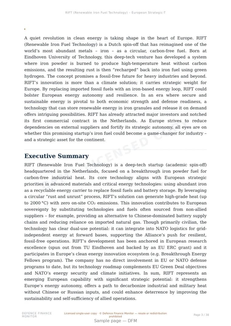 Sample page from “RIFT (Renewable Iron Fuel Technology) — Netherlands energy storage company” — 39-page report