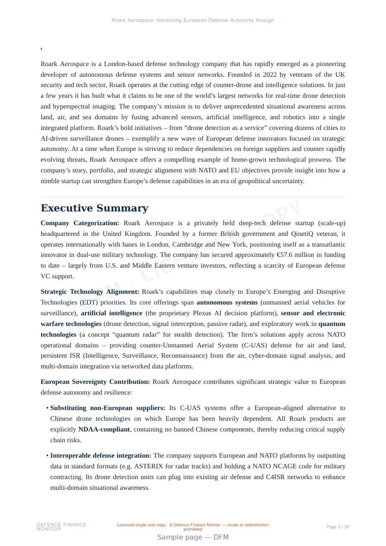 Sample page from “Roark Aerospace: Advancing European Defense Autonomy through Innovation” — 31-page report
