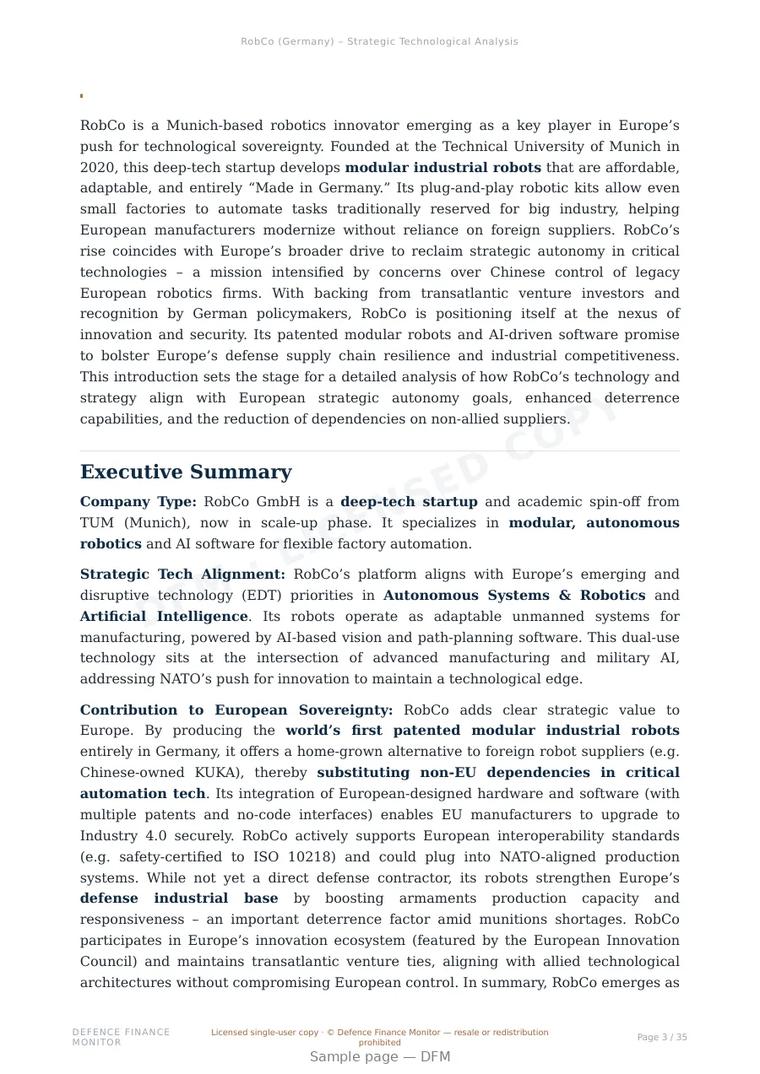 Sample page from “RobCo (Germany) – Strategic Technological Analysis” — 36-page report