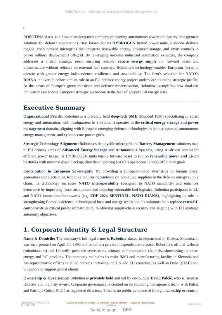 Sample page from “ROBOTINA (SI): Autonomous and Secure Battery Management for Military and Dual-Use Deployments” — 30-page report