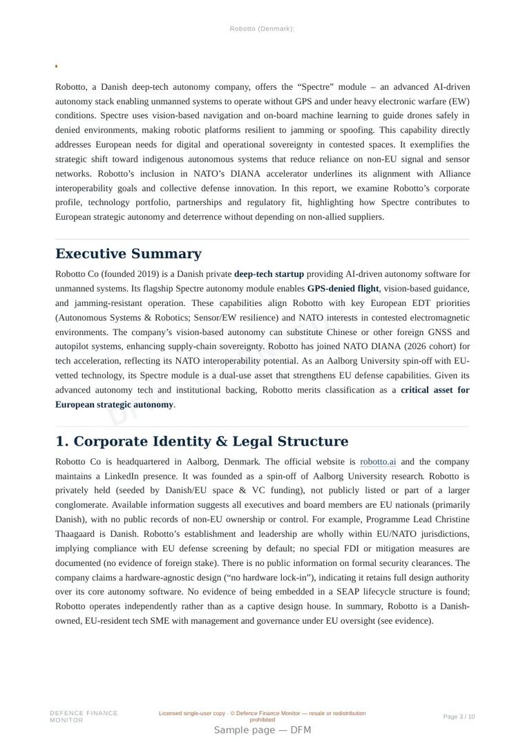 Sample page from “Robotto (Denmark): "Spectre" Autonomy Module for GPS-Denied and Electronic Warfare-Resilient Systems” — 11-page report