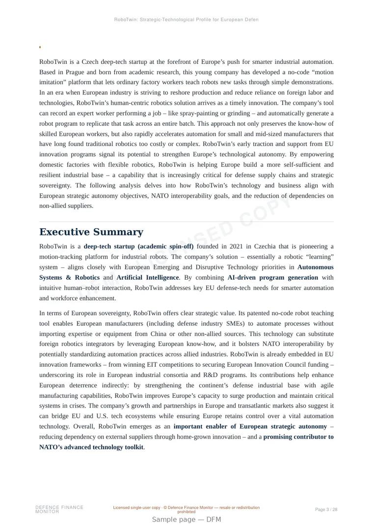 Sample page from “RoboTwin: Strategic-Technological Profile for European Defense and Dual-Use Autonomy” — 29-page report