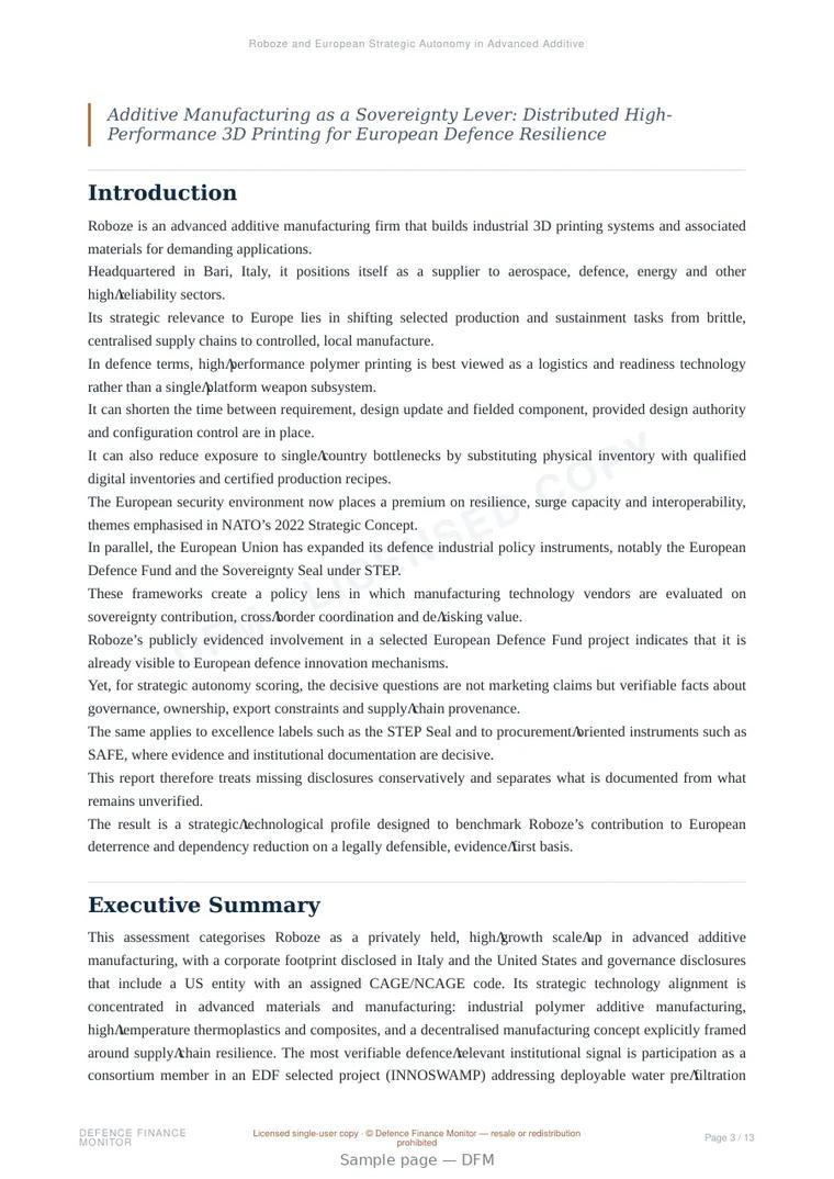 Sample page from “Roboze and European Strategic Autonomy in Advanced Additive Manufacturing” — 14-page report