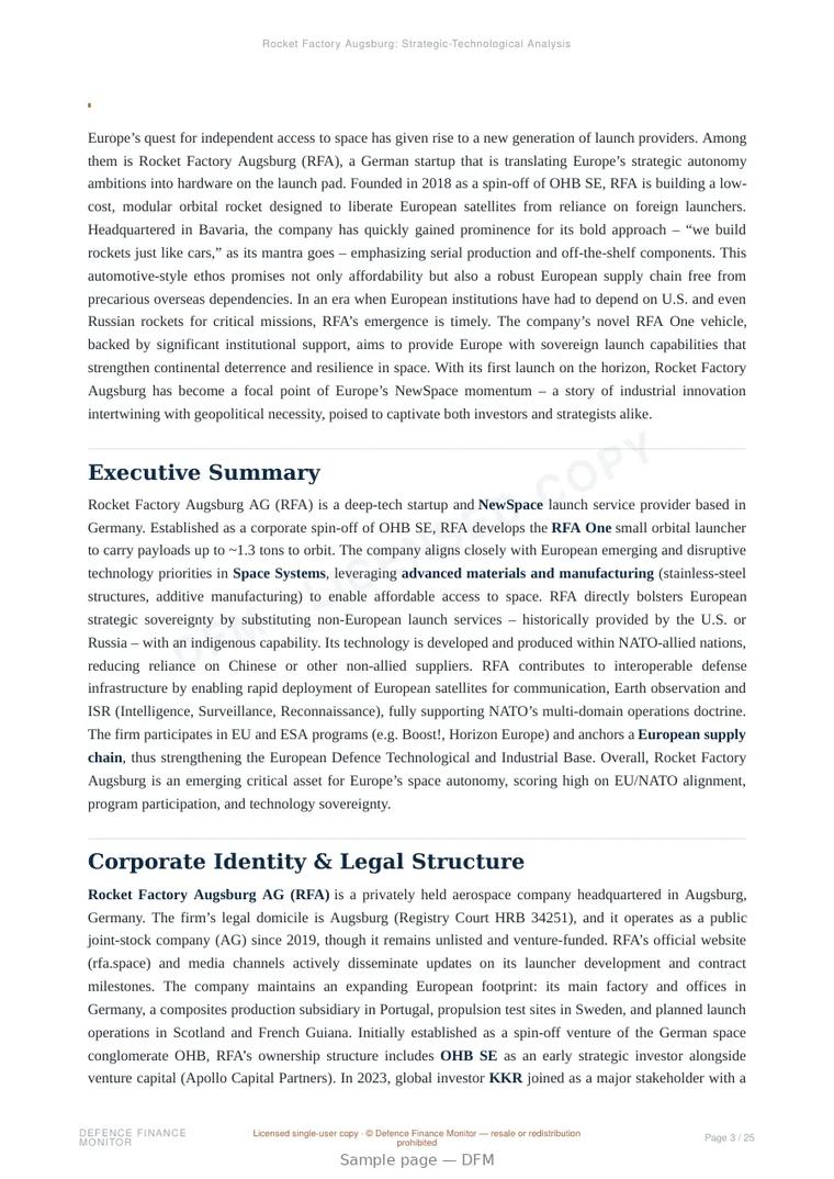 Sample page from “Rocket Factory Augsburg (RFA) — Germany launch systems company” — 26-page report