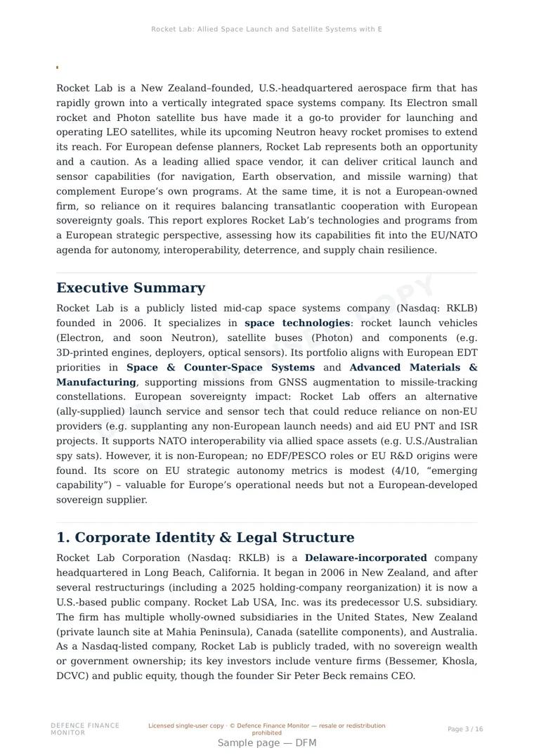 Sample page from “Rocket Lab: Allied Space Launch and Satellite Systems with Emerging Strategic Relevance for Europe” — 17-page report