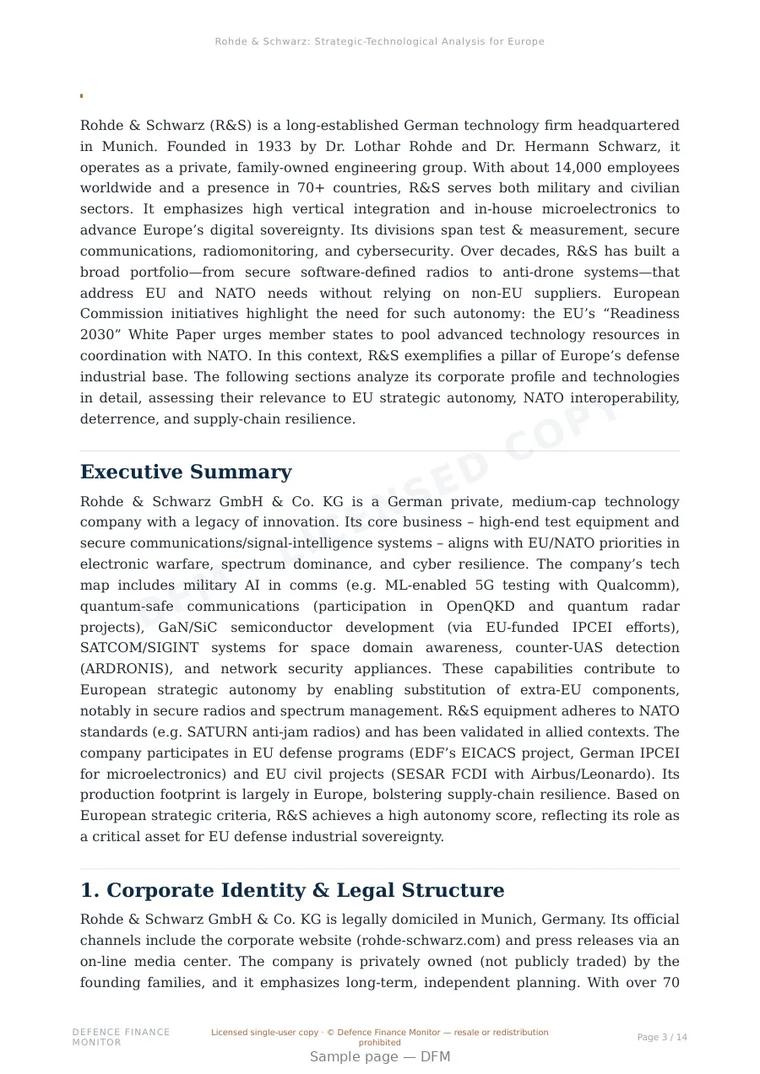 Sample page from “Rohde & Schwarz — Germany secure communications company” — 15-page report