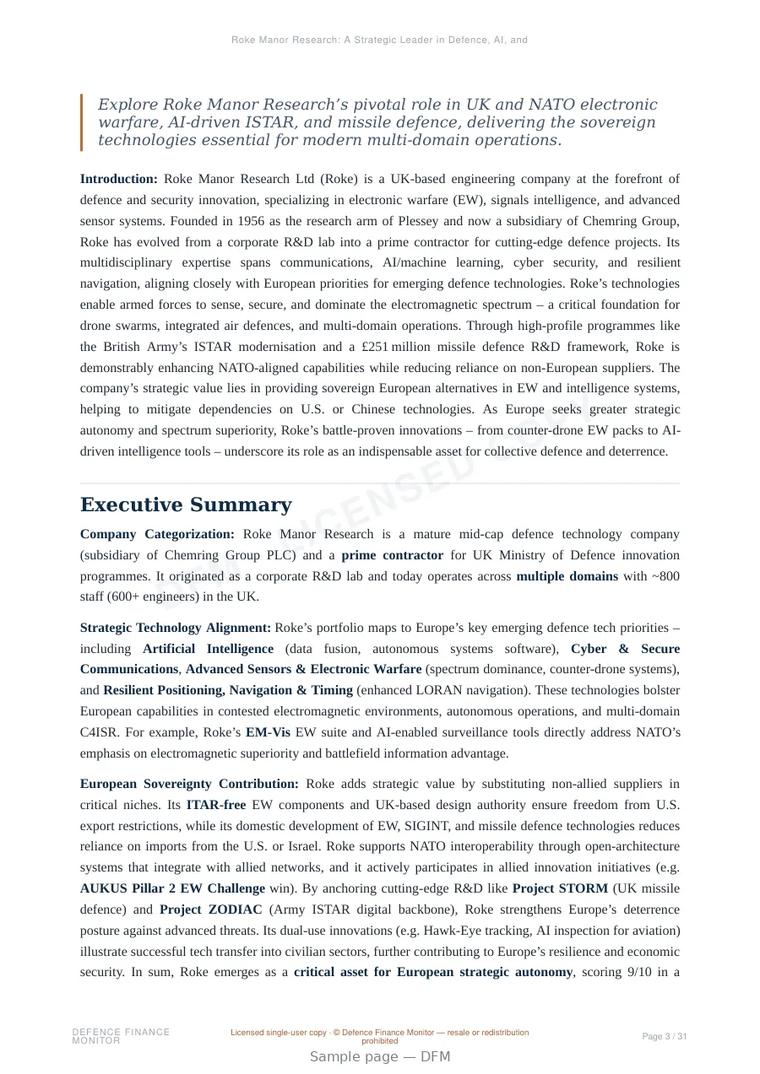 Sample page from “Roke Manor Research: A Strategic Leader in Defence, AI, and Electronic Warfare” — 32-page report
