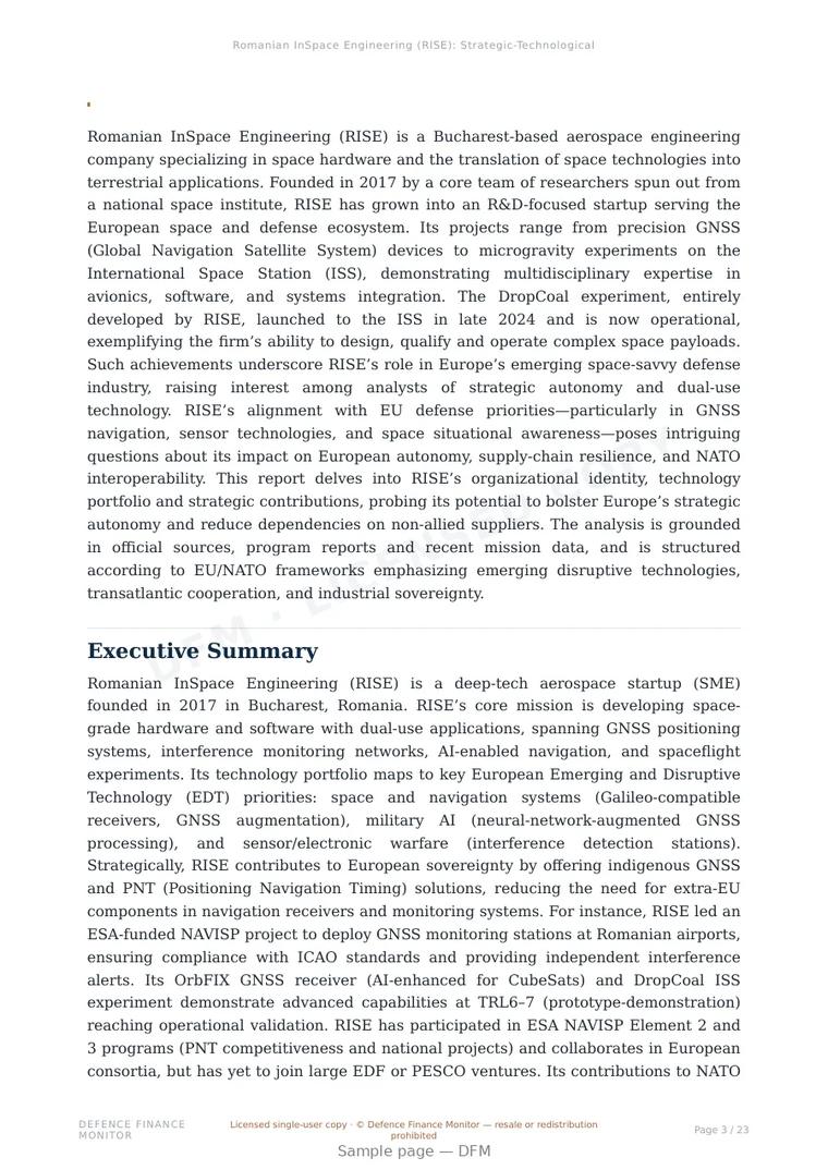 Sample page from “Romanian InSpace Engineering (RISE) — Romania space company” — 24-page report