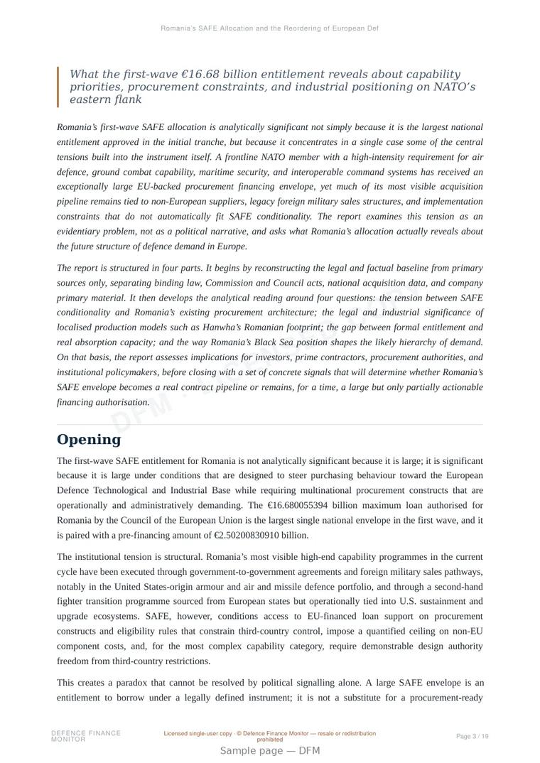 Sample page from “Romania’s SAFE Allocation and the Reordering of European Defence Demand” — 20-page report