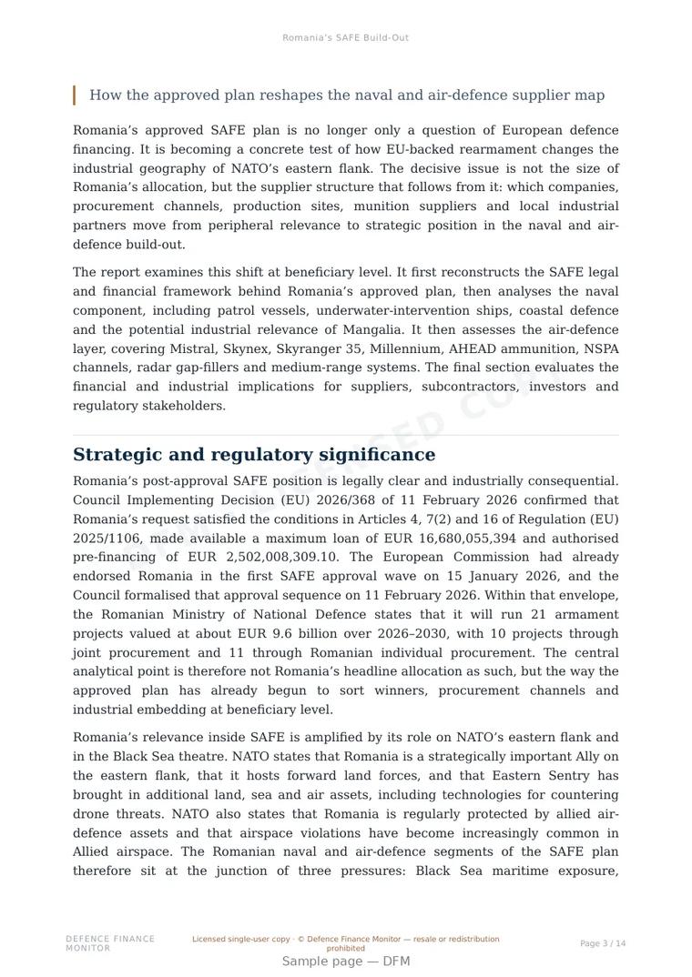 Sample page from “Romania’s SAFE Build-Out” — 15-page report