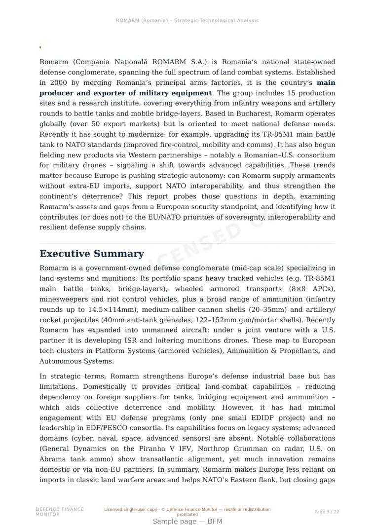 Sample page from “Compania Nationala ROMARM S.A. — Romania defence company” — 23-page report