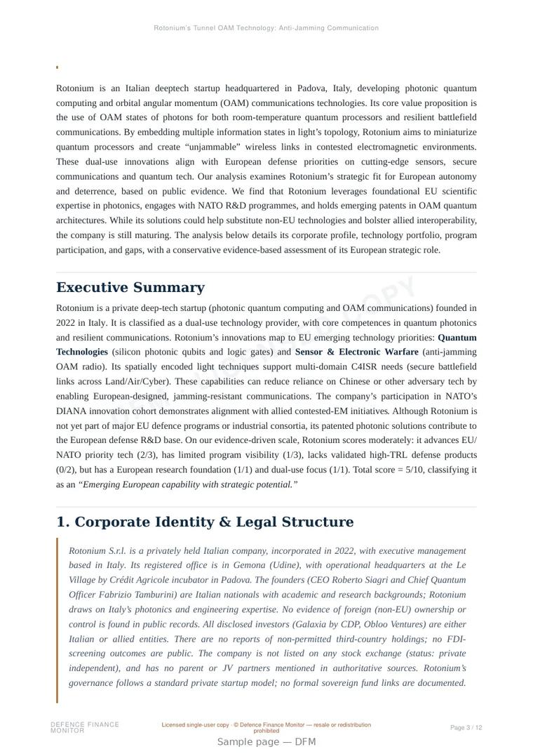 Sample page from “Rotonium’s Tunnel OAM Technology: Anti-Jamming Communications for European Defence” — 13-page report