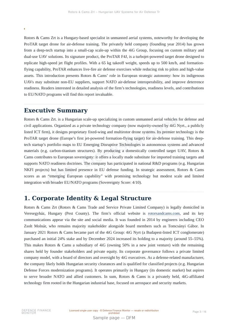 Sample page from “Rotors & Cams Zrt – Hungarian UAV Systems for Air Defense Training” — 17-page report