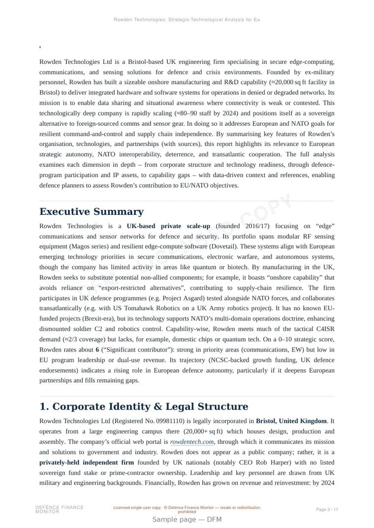 Sample page from “Rowden Technologies Ltd — United Kingdom secure communications company” — 18-page report