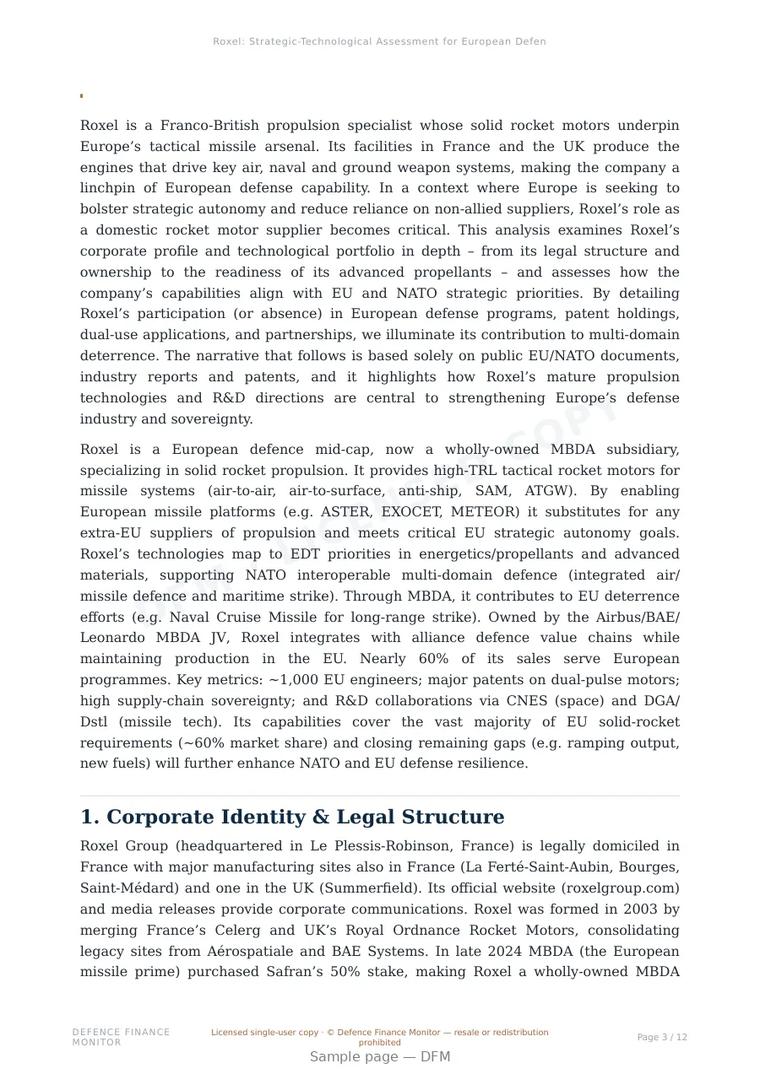 Sample page from “Roxel: Strategic-Technological Assessment for European Defence Autonomy and Missile Propulsion Sovereignty” — 13-page report