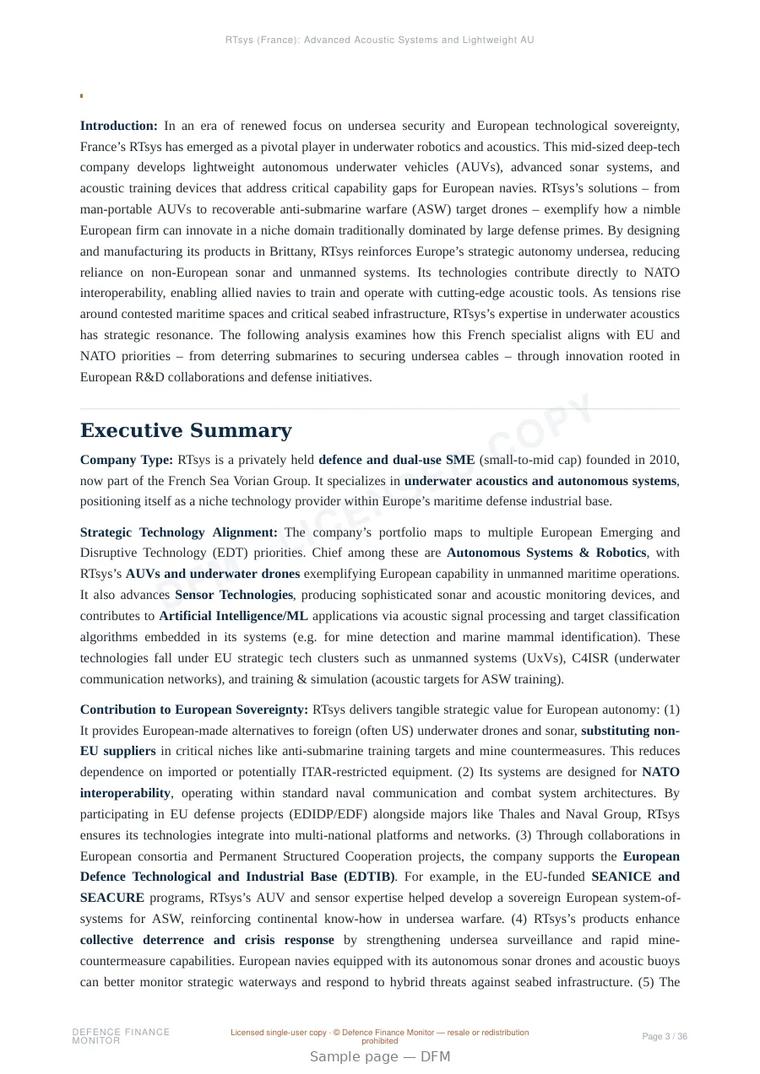 Sample page from “RTsys (France): Advanced Acoustic Systems and Lightweight AUV Technologies for Defence and Dual-Use Operations” — 37-page report