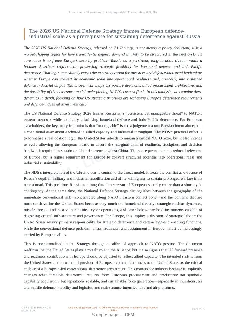 Sample page from “Russia as a “Persistent but Manageable” Threat: How U.S. Strategy Is Reshaping Europe’s Defence-Industrial Demand” — 6-page report
