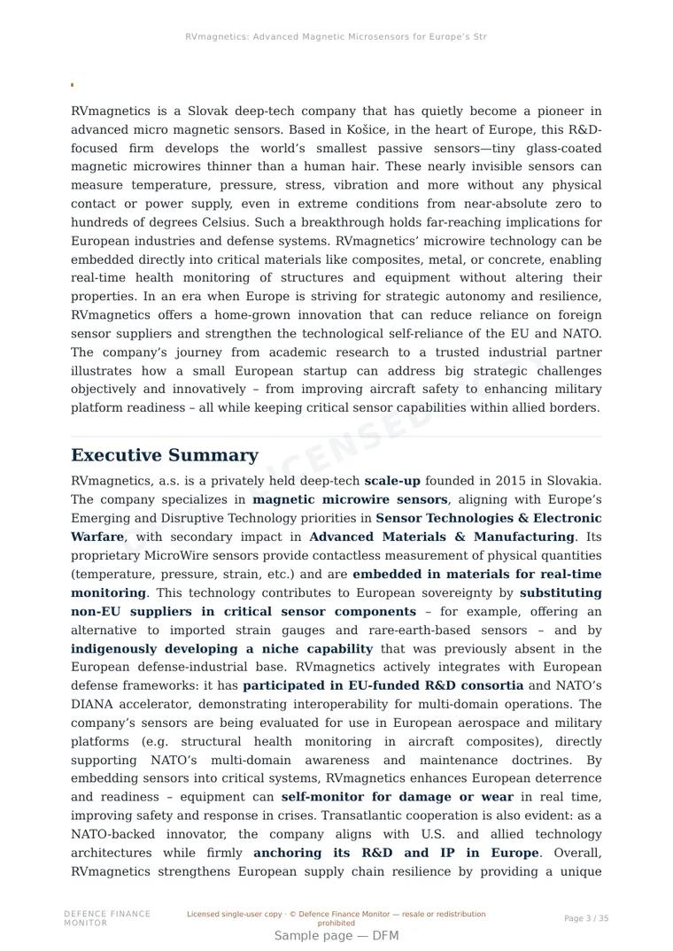 Sample page from “RVmagnetics: Advanced Magnetic Microsensors for Europe’s Strategic Autonomy” — 36-page report