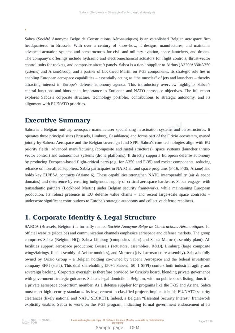 Sample page from “Sabca — Belgium air platforms company” — 11-page report