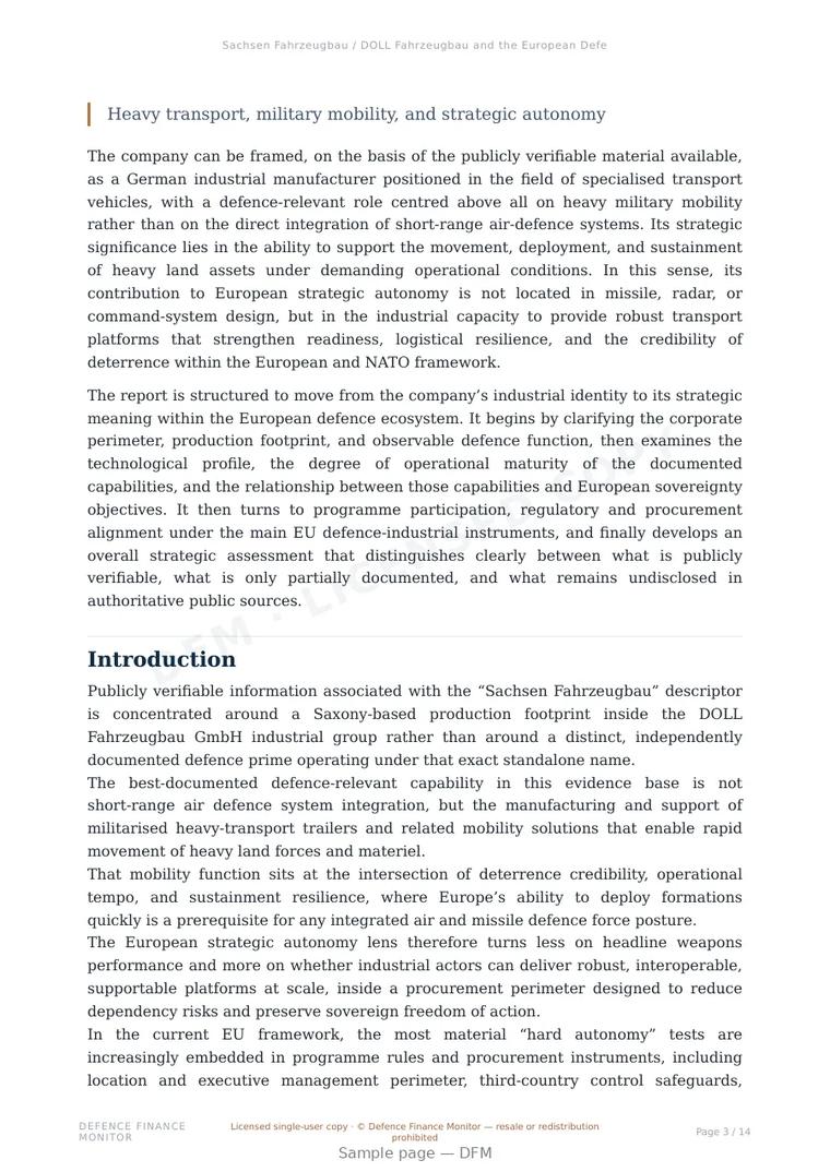 Sample page from “Sachsen Fahrzeugbau / DOLL Fahrzeugbau and the European Defence Mobility Base” — 15-page report