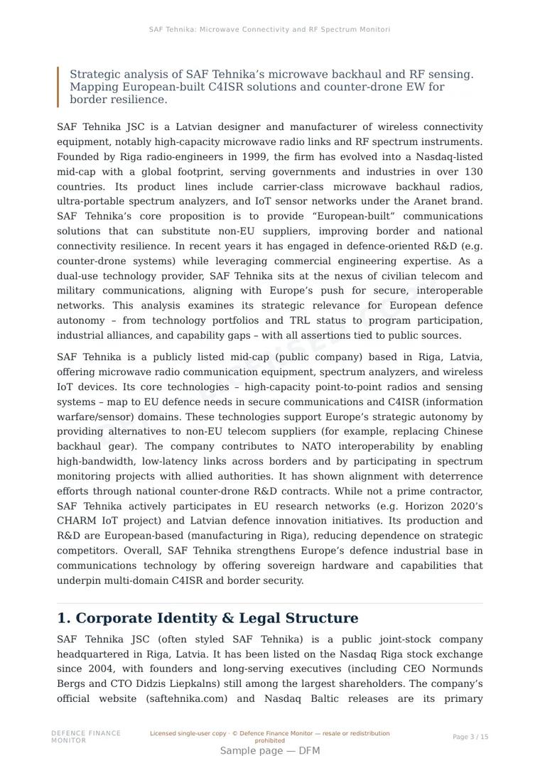 Sample page from “SAF Tehnika: Microwave Connectivity and RF Spectrum Monitoring for European Defense Infrastructure” — 16-page report