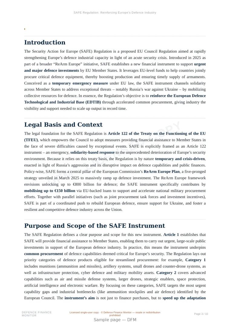 Sample page from “SAFE Regulation: Reinforcing Europe’s Defence Industry” — 11-page report
