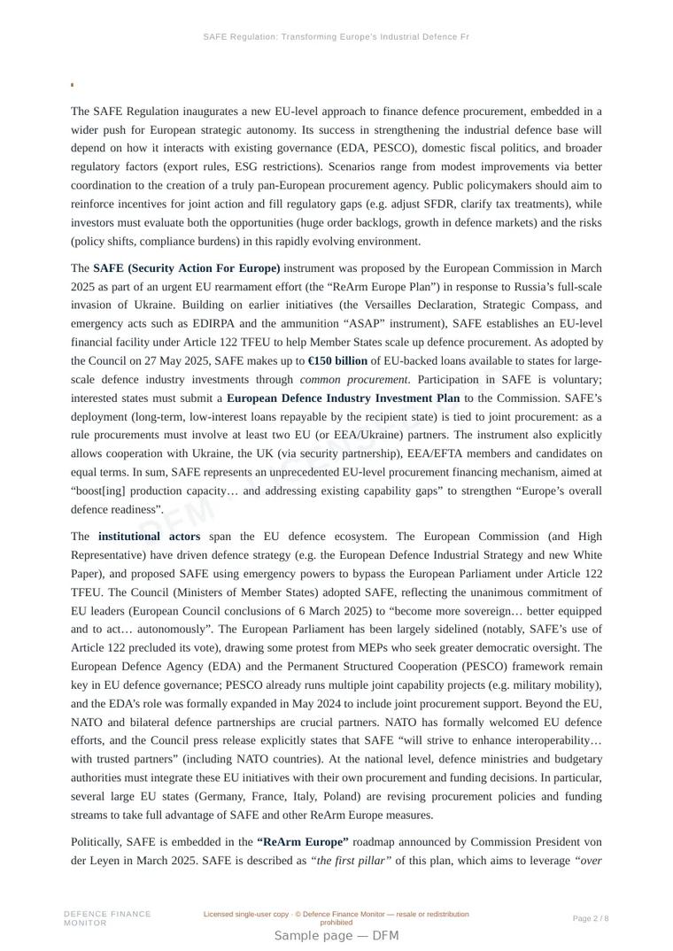 Sample page from “SAFE Regulation: Transforming Europe’s Industrial Defence Framework” — 9-page report