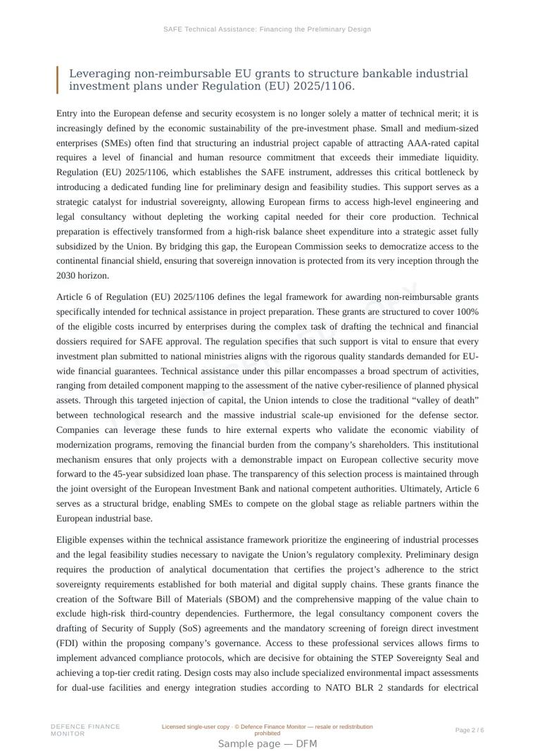 Sample page from “SAFE Technical Assistance: Financing the Preliminary Design Phase” — 7-page report