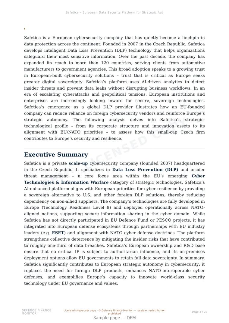 Sample page from “Safetica – European Data Security Platform for Strategic Autonomy” — 27-page report