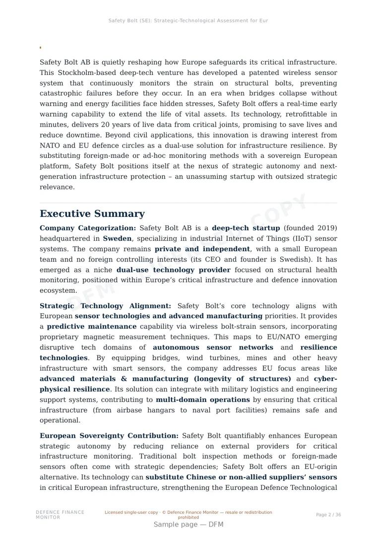 Sample page from “Safety Bolt (SE): Strategic-Technological Assessment for European Defence and Dual-Use Infrastructure Security” — 37-page report
