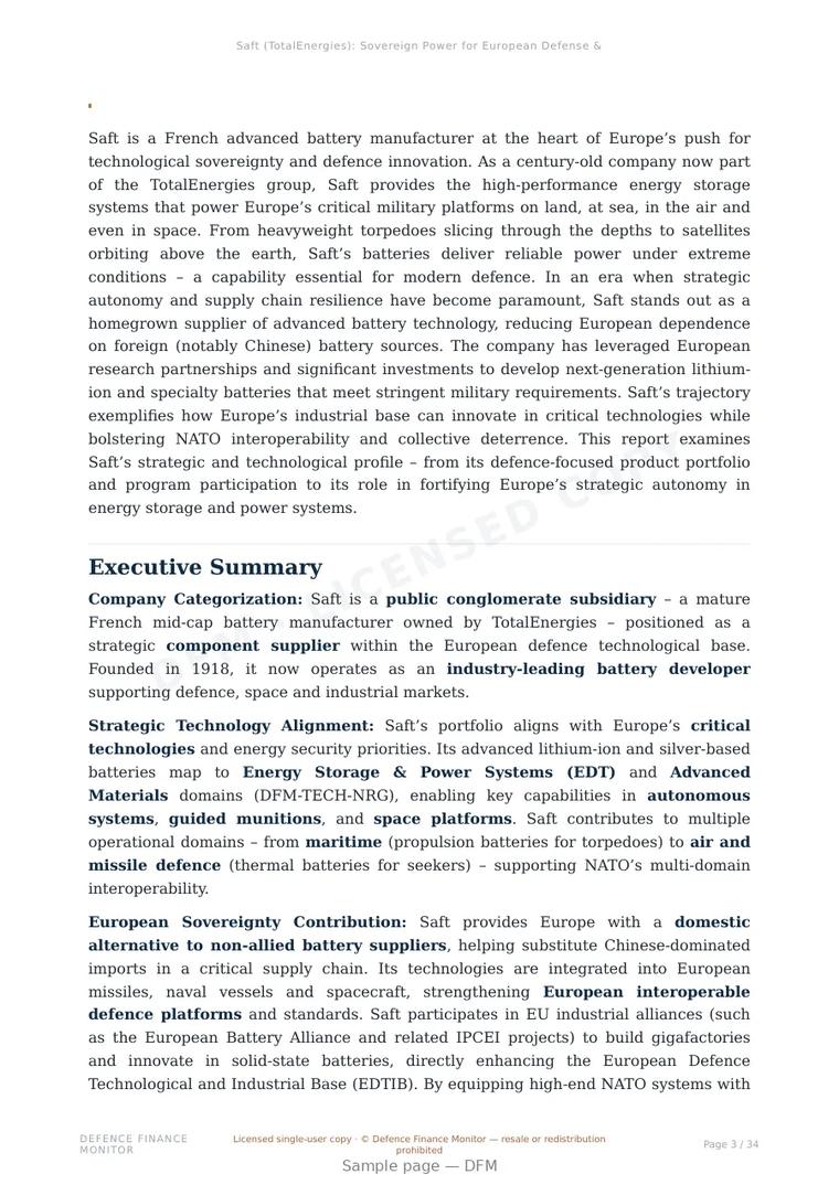 Sample page from “Saft (TotalEnergies): Sovereign Power for European Defense & Space” — 35-page report