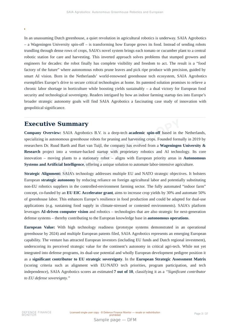 Sample page from “SAIA Agrobotics: Autonomous Greenhouse Robotics and European Strategic Autonomy” — 38-page report