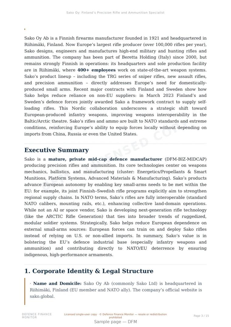Sample page from “Sako Oy: Finland’s Precision Rifle and Ammunition Specialist” — 16-page report