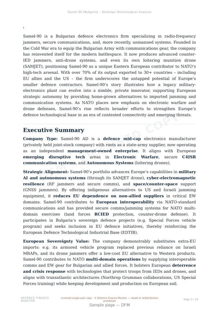 Sample page from “Samel-90 — Bulgaria defence company” — 30-page report