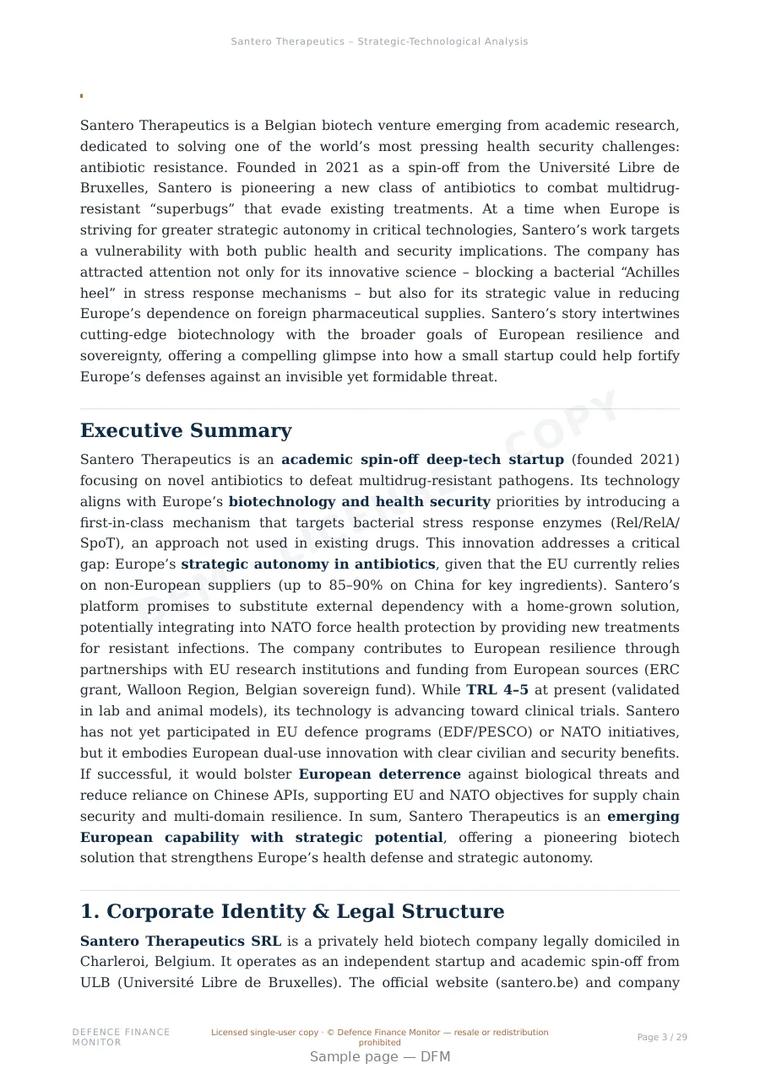 Sample page from “Santero Therapeutics — Belgium military medical tech company” — 30-page report