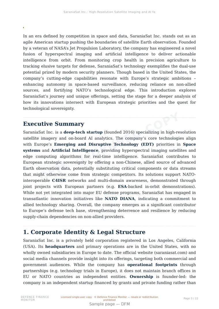 Sample page from “SaraniaSat Inc.: High-Resolution Satellite Imaging and AI for European Security and Autonomy” — 23-page report