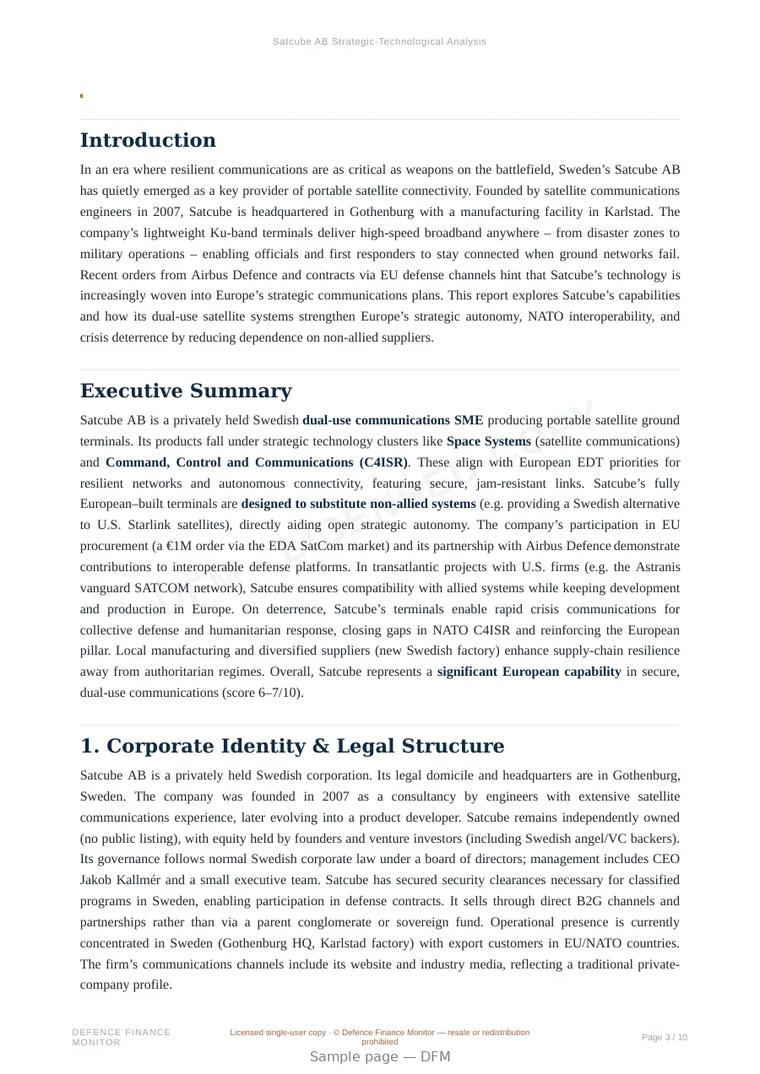 Sample page from “Satcube AB — Sweden space company” — 11-page report