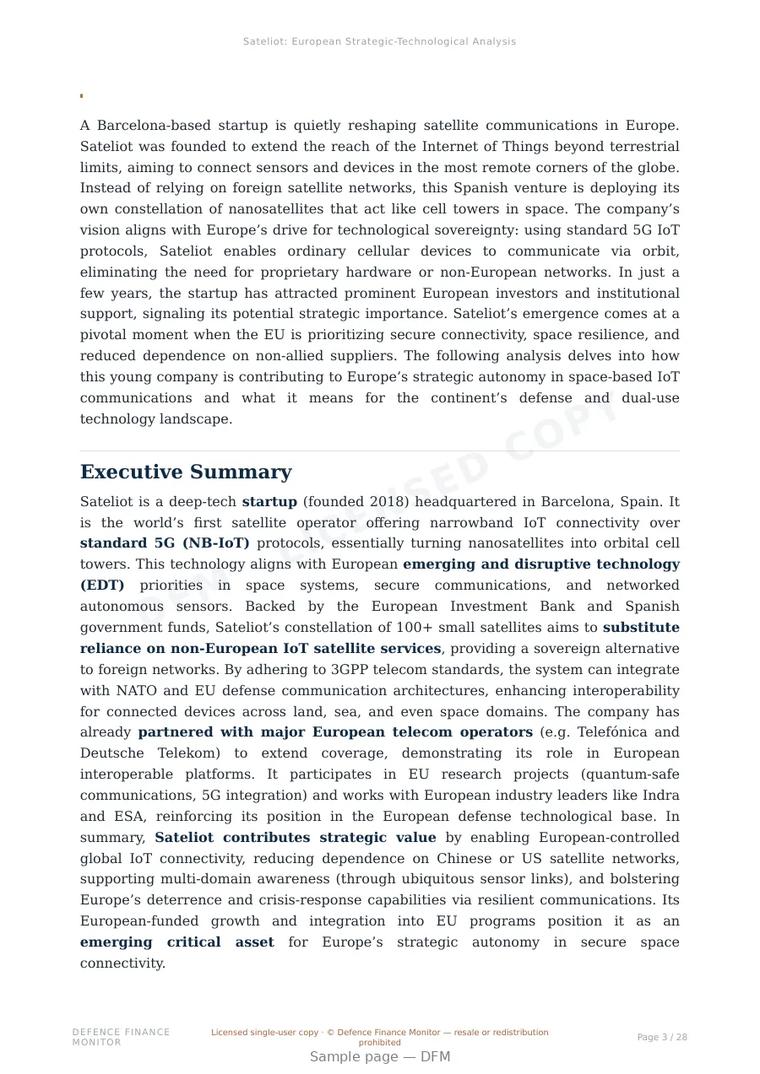 Sample page from “Sateliot — Spain satellite communications company” — 29-page report