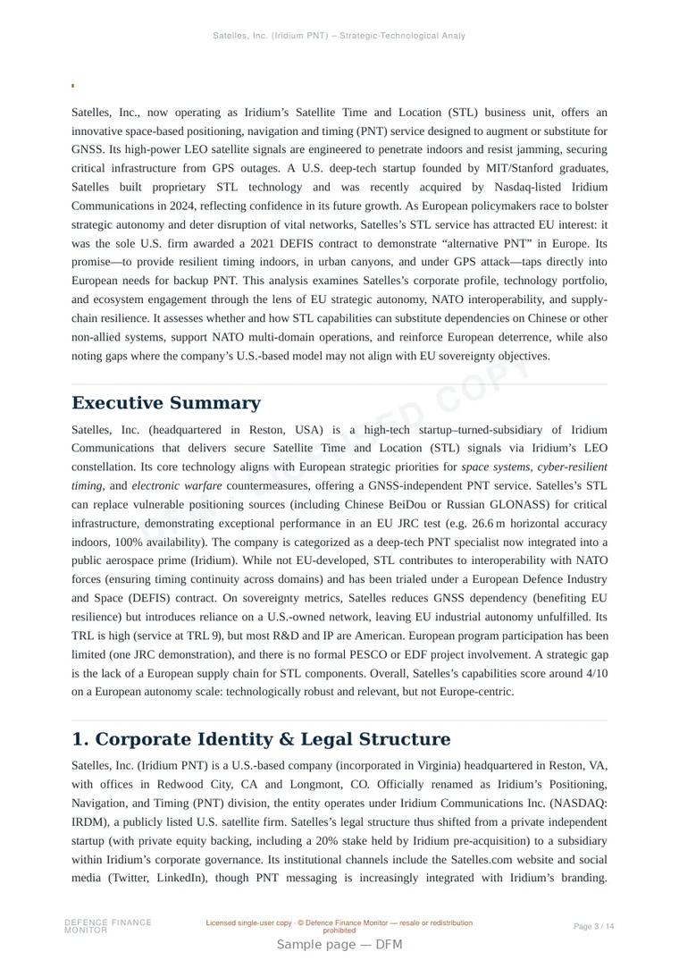 Sample page from “Satelles, Inc. (Iridium) — United States positioning company” — 15-page report