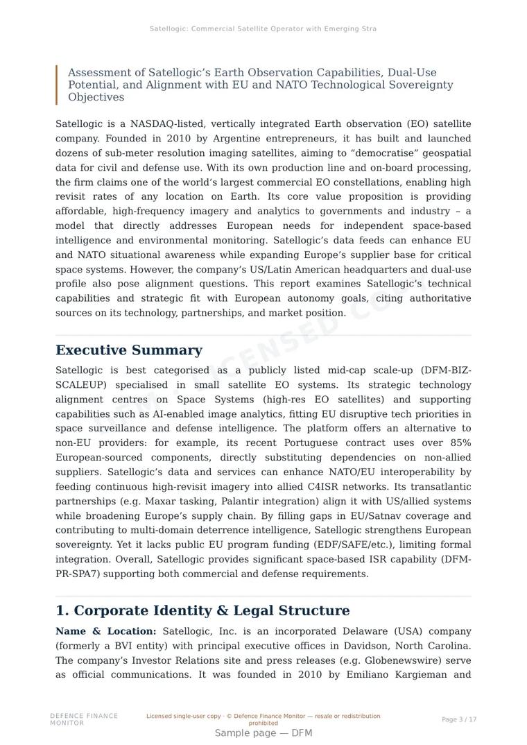 Sample page from “Satellogic: Commercial Satellite Operator with Emerging Strategic Relevance to Europe” — 18-page report